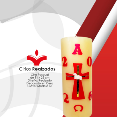 Cirio Pascual de 11 x 25 cm Diseño: En Realzado Decorada en Cera