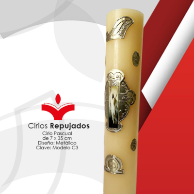 Cirio Pascual de 7 x 35 cm Diseño Metálico En Repujado