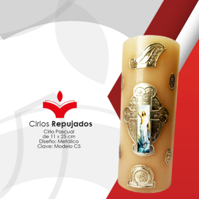 Cirio Pascual de 11 x 25 cm Diseño Metálico En Repujado