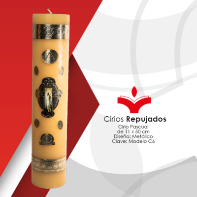 Cirio Pascual de 11 x 50 cm Diseño Metálico En Repujado