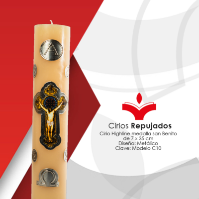 Cirio HL Medalla San Benito 7 x 35 cm Diseño Metálico En Repujado