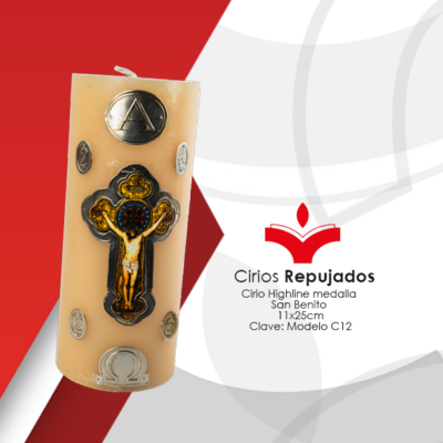 Cirio HL Medalla San Benito 11 x 25 cm Diseño Metálico En Repujado